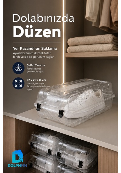 Erkek Ayakkabı Kutusu 37x21x14 Cm Plastik Dolap İçi Düzenleyici Şeffaf