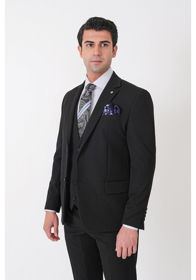 Efor Slim Fit Çift Yırtmaç Esnek Yünlü Siyah Yelekli Takım Elbise Tk 958
