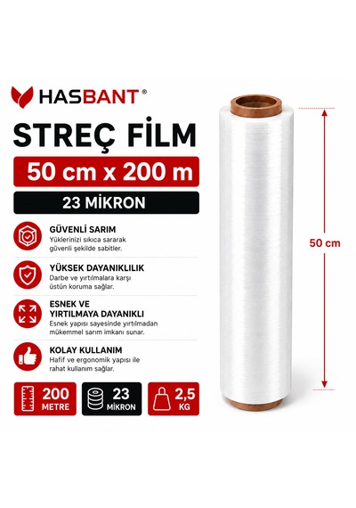 Has Bant Palet Streç Film Şeffaf 50 Cm X 200 M 23 Mikron 2,5 Kg 6 Adet