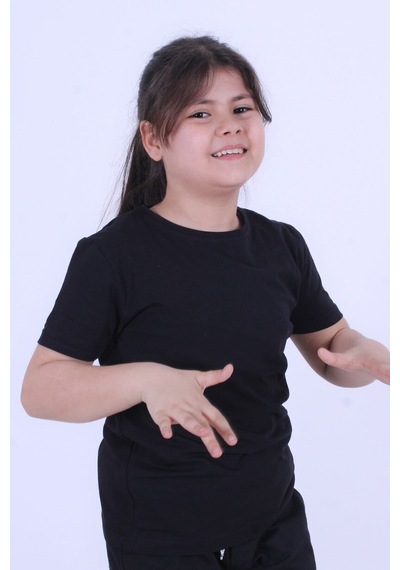 Fyk Kids Baskısız, Düz Bisiklet Yaka Kız Çocuk Tişört Siyah