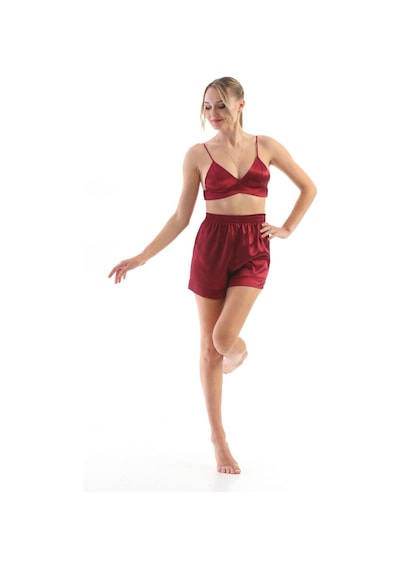 Kadın Bordo Saten Dokuma Büstiyerli Şık Askılı Pijama Takımı