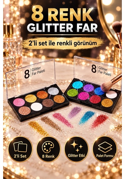 8 Renk Glitter Far Paleti - 2 Li Set Çok Renkli
