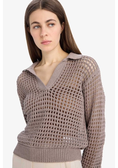 DeFacto 	Relax Fit Polo Yaka Basic Düz Ajur Triko Kazak E7025AX25SMBG487 Bej