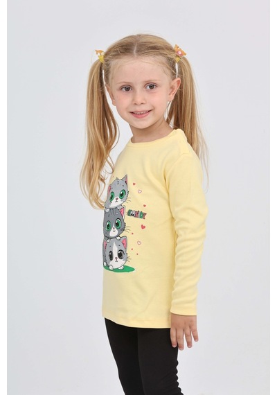 Toontoy Kız Çocuk Üçlü Kedi Baskılı Sweatshirt Açık Sarı