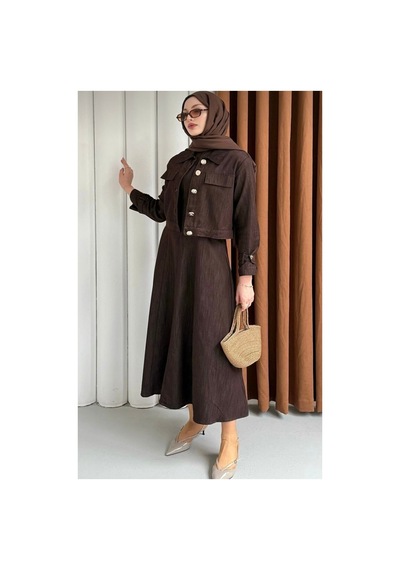 Hatun Kahverengi Gold Düğmeli Crop Ceket Ve Jile Kot Takım Bordo Bordo