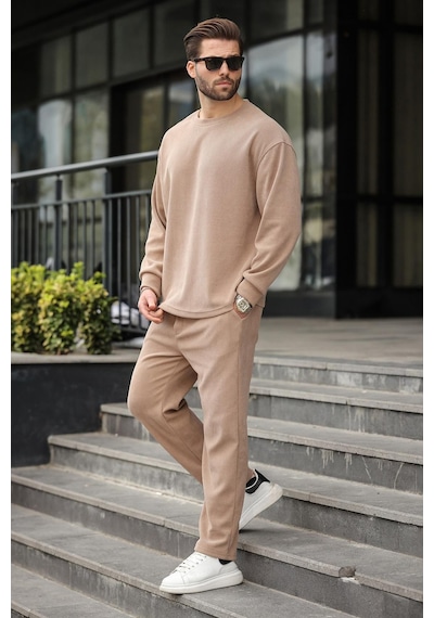 Madmext Camel Bisiklet Yaka Erkek Kadife Takım E7337 Camel