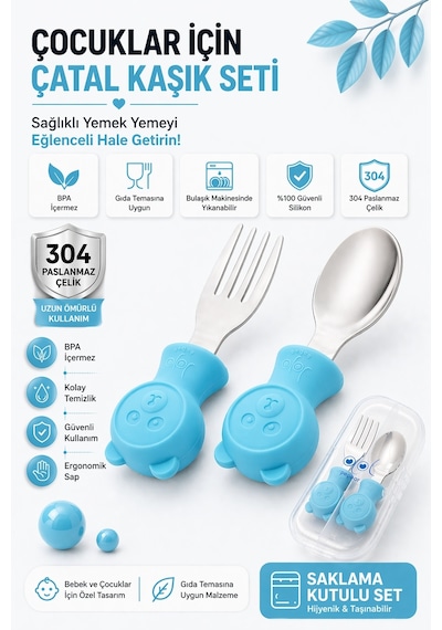Jojobebek Kaşık Çatal Seti, Ergonomik Kısa Saplı Silikon, Paslanmaz Çelik Uçlu, Saklama Kutulu, (9-24 Ay) (MAVİ)