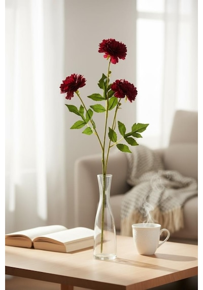Yapay Çiçek Kasımpatı Bordo Uzun Dal 3 Çiçekli 77cm Kırmızı