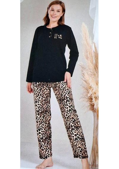 Miss Melina Büyük BedenPamuk Uzun Kol Kadın Pijama Takımı Leopar Siyah