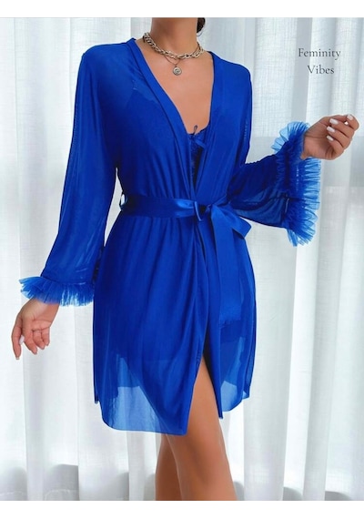 İntive Lingerie Sugar Cool Transparan Tülden Volan Detaylı Mini Gecelik Sabahlık Saks Mavisi İntive Lingerie Sugar Cool Transparan Tülden Volan Detaylı Mini Gecelik Sabahlık Saks Mavisi