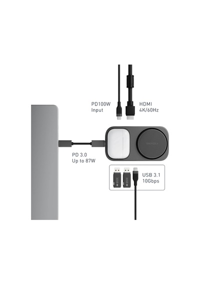 Energea Widock Plus Qi2 Kablosuz Şarj Destekli 7in1 4k Type-c Hub Dönüştürücü - Koyu Gri