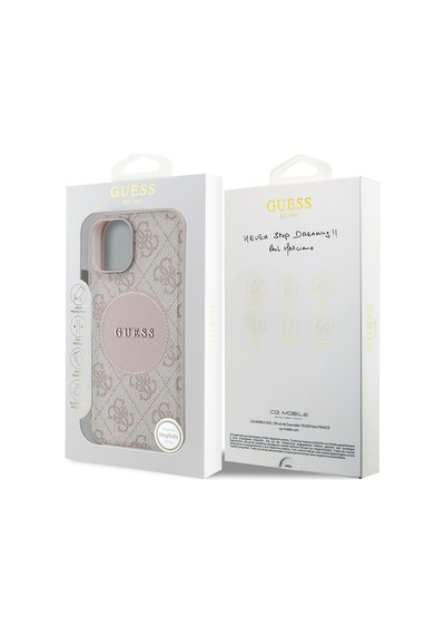 Apple Uyumlu iPhone 15 Kılıf Guess Lisanslı M-safe Şarj Özellikli Yazı Logolu Circle Classic Kapak Pembe