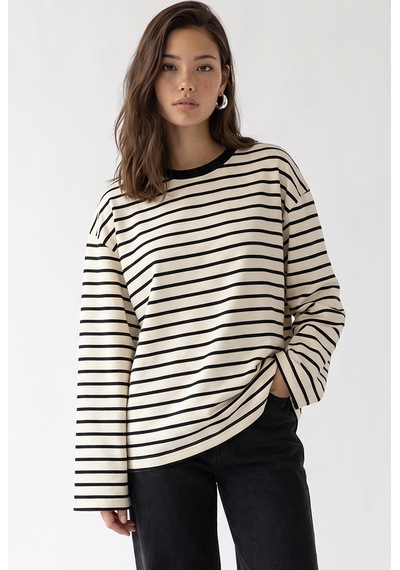 Mixray 2236 Çizgili Bisiklet Yaka Uzun Kol Oversize Sweatshirt Siyah