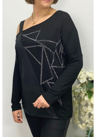 Mia Butik Kadın Siyah Tek Omuz Asimetrik Taş Detaylı Bluz-1584 Siyah