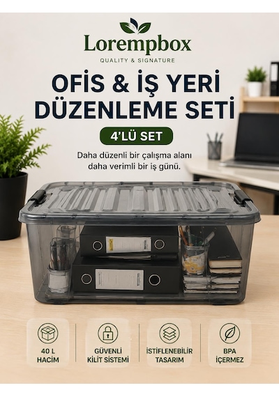 Lorempbox 40 L Ofis & İş Yeri Düzenleme Kutusu 4'lü Set Çok Renkli