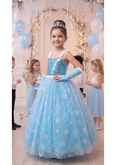 Butik Happy Kids Elsa Kız Çocuk Prenses Kostümü Askılı Payetli Kar Taneli Elbise - Taç Asa Eldiven Hediyeli Mavi