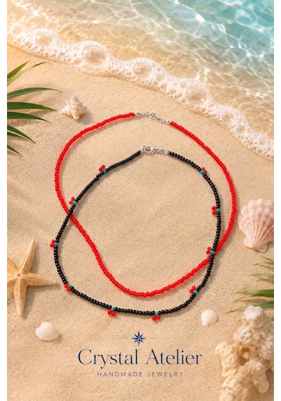 Crystal Atelier 2'li Kiraz Kolye Seti El Yapımı Kum Boncuk Siyah Kırmızı İkili Kadın Choker Kolye Kombini Kırmızı - Siyah