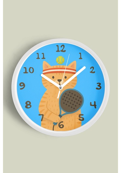 Tenisçi Kedi Çocuk Odası Duvar Saati - 25cm - Önü Camlı Beyaz Kasa - Sessiz Mekanizma-jh1025 Beyaz