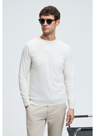 Grımelange VAREX Erkek Yuvarlak Yaka Basic Slim Fit Triko Ekru Kazak