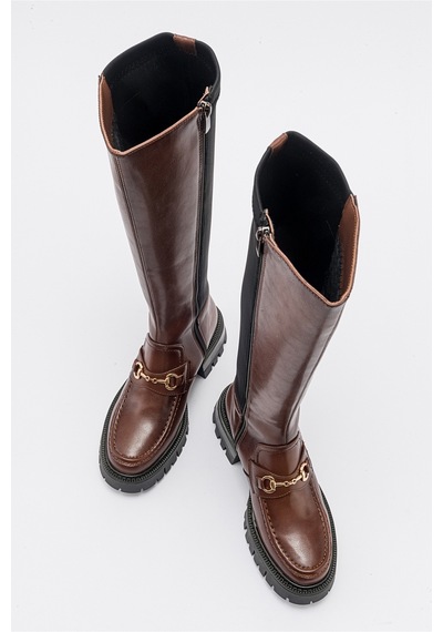 Luvishoes Chapel Taba Cilt Tokalı Streç Detaylı Kadın Çizme Taba