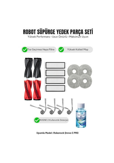 Roborock Qrevo C Pro İle Uyumlu 2 Ana Fırça 4 Yan Fırça 4 Filtre 4 Mop 1 Deterjan 4.0