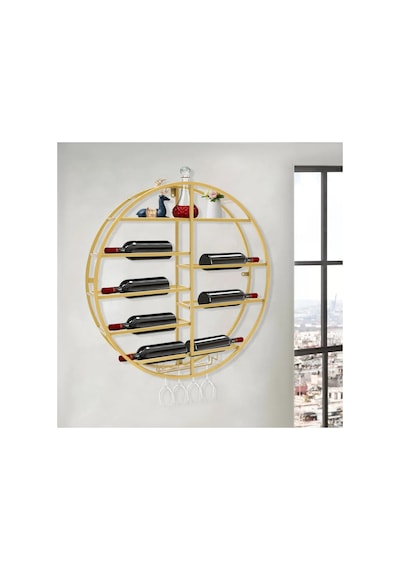 Gold Metal Daire Şaraplık Duvara Monte Daire Metal Şarap Rafı Kadehlik