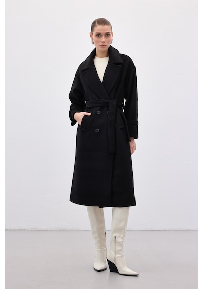 Sateen Beli Bağlamalı Uzun Kaban - Siyah-136629 Siyah