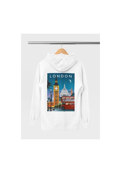 Magors Stıl-x Londra Baskılı Unısex Kapüşonlu Sweatshırt Beyaz-3
