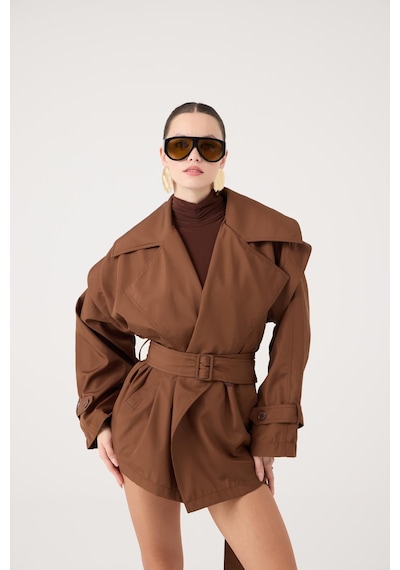 Holly Lolly Kemerli Oversize Kesim Sara Trençkot Kahve