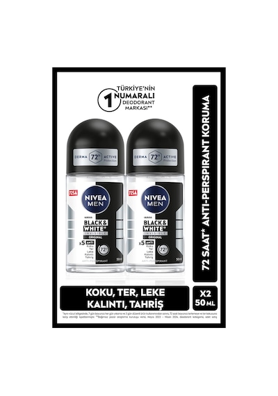 Men Erkek Roll-on Deodorant Black&white Invisible Original 50ml, 72 Saat Anti-perspirant, X2 Adet