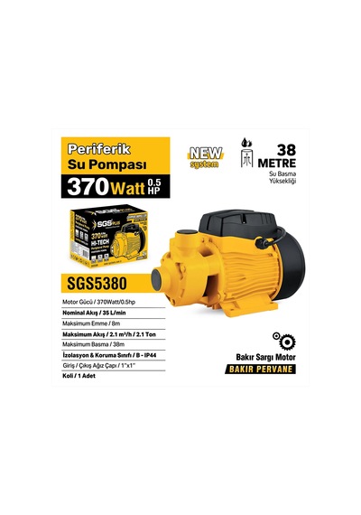 Sgs5380 - Periferik Su Pompası 370 Watt 0.5 Hp - 38 Metre - Bakır Sargı
