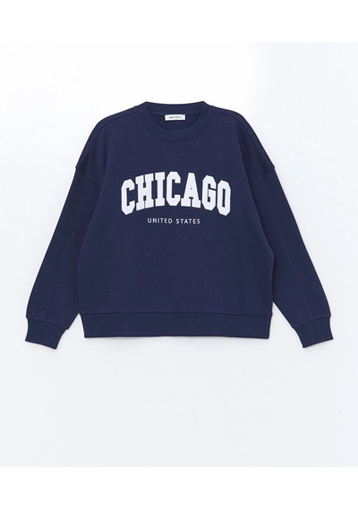 LC Waikiki Lcw Vision Lacivert Bisiklet Yaka Baskılı Oversize Kadın Kalın Sweatshirt Lacivert Hfh