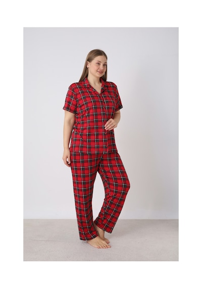 Estiva Kadın Kareli Kırmızı Kısa Kollu Önden Düğmeli Soft Battal Pijama Takımı Çok renkli