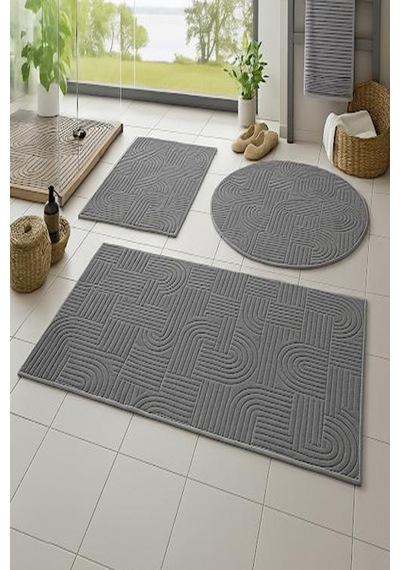 Raschel Carpet Bohem Emboss Premium Seri Kaymaz Taban Banyo Paspası Banyo Halısı Gri