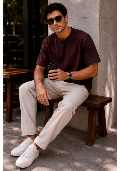 Bbbutikbasic Erkek Oversize Basic Bisiklet Yaka Pamuklu Tişört My3535 Kahverengi