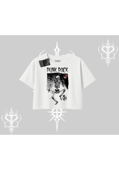Tarzsokak Oversize Crop Tshirt Punk Rock Chaos Skeleton Riot Beyaz