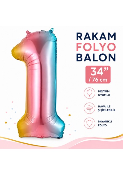 1 Rakam Folyo Balon Gökkuşağı Doğum Günü Parti Balonu 34 İnç 76 Cm Çok Renkli