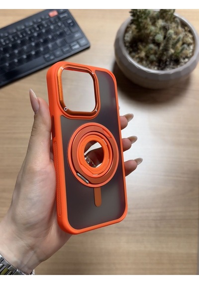 Apple Uyumlu iPhone 14 Pro Standlı Ve Yüzüklü Magsafe Kılıf Soocase721 Turuncu