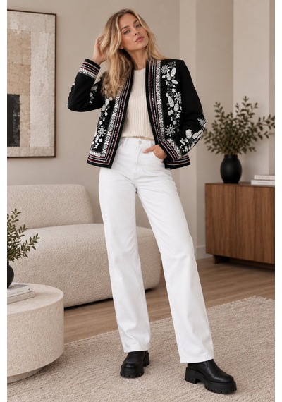 Lima Siyah Kadın Siyah Beyaz Çiçek Nakışlı Ceket Etnik Desenli İşlemeli Şık Blazer Ceket