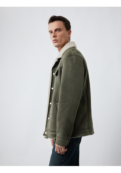 Koton Kapaklı Cepli Çıtçıt Düğme Detaylı Slim Fit İçi Peluş Yaka Suni Süet Ceket Haki 6wam20103hw