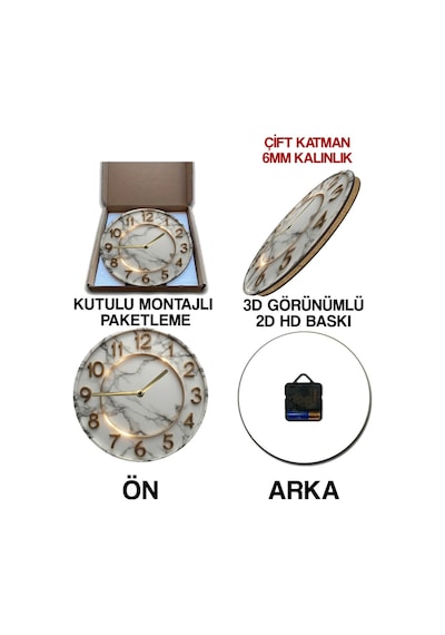Mermer Desenli 3d Görünümlü Mdf Duvar Saati 33 Cm Şık Ve Modern Tasarım Sdw312 Renkli