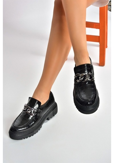 Fox Shoes Siyah Kroko Baskı Kalın Tabanlı Günlük Kadın Ayakkabı