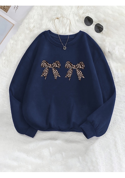 Uyguntarz Unisex Leopar Desenli Kurdele Baskılı Oversize Sweatshirt Lacivert