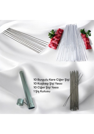 10 Adet Galvanizli Kare Ciğer Şişi - 10 Adet Kuşbaşı Şişi - 10 Adet Ciğer Şişi Yassı- 1 Şiş Kutusu