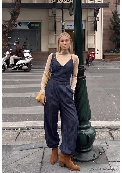 Kadın 7w6-50 Boyundan Askılı %100 Koton Denim Tulum Lacivert