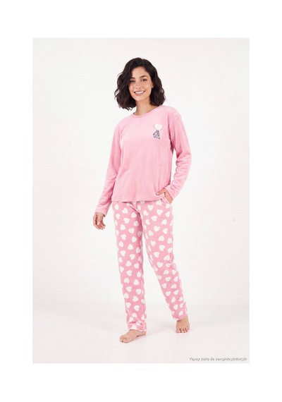Lela Desenli Yumuşak Dokulu Uzun Kollu Pijama Takımı Kadın Pijama Takımı 65750155 Pudra