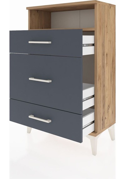 Arges Komodin Tek Raflı 3 Çekmeceli 60x30x96 Çam-antrasit Atlas Çam