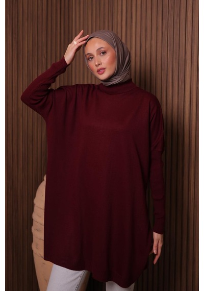 Balenbi Kadın Dik Yaka Basic 80cm Salaş Oversize Triko Tunik 1145 Bordo