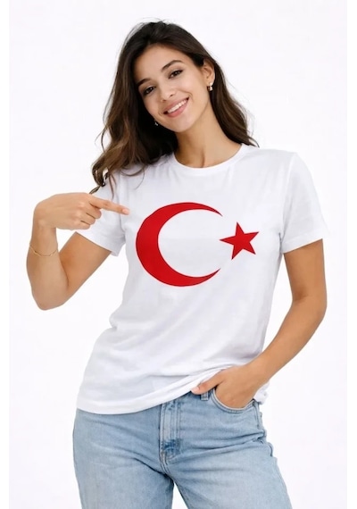 T-shirt Kısa Kol Bisiklet Yaka Ay Yıldız Bayrak Baskılı Tişört - Beyaz