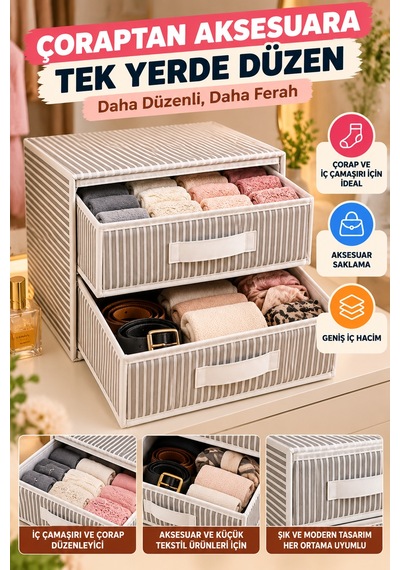 2 Katlı Çekmece Organizer Gri Çizgili Çorap İç Çamaşırı Dolap İçi Düzenleyici 31x30x22 Cm Organizer.